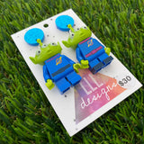 Brick Character Three Eyed Alien Dangle Earrings - Featuring Blue Glitter Tops!