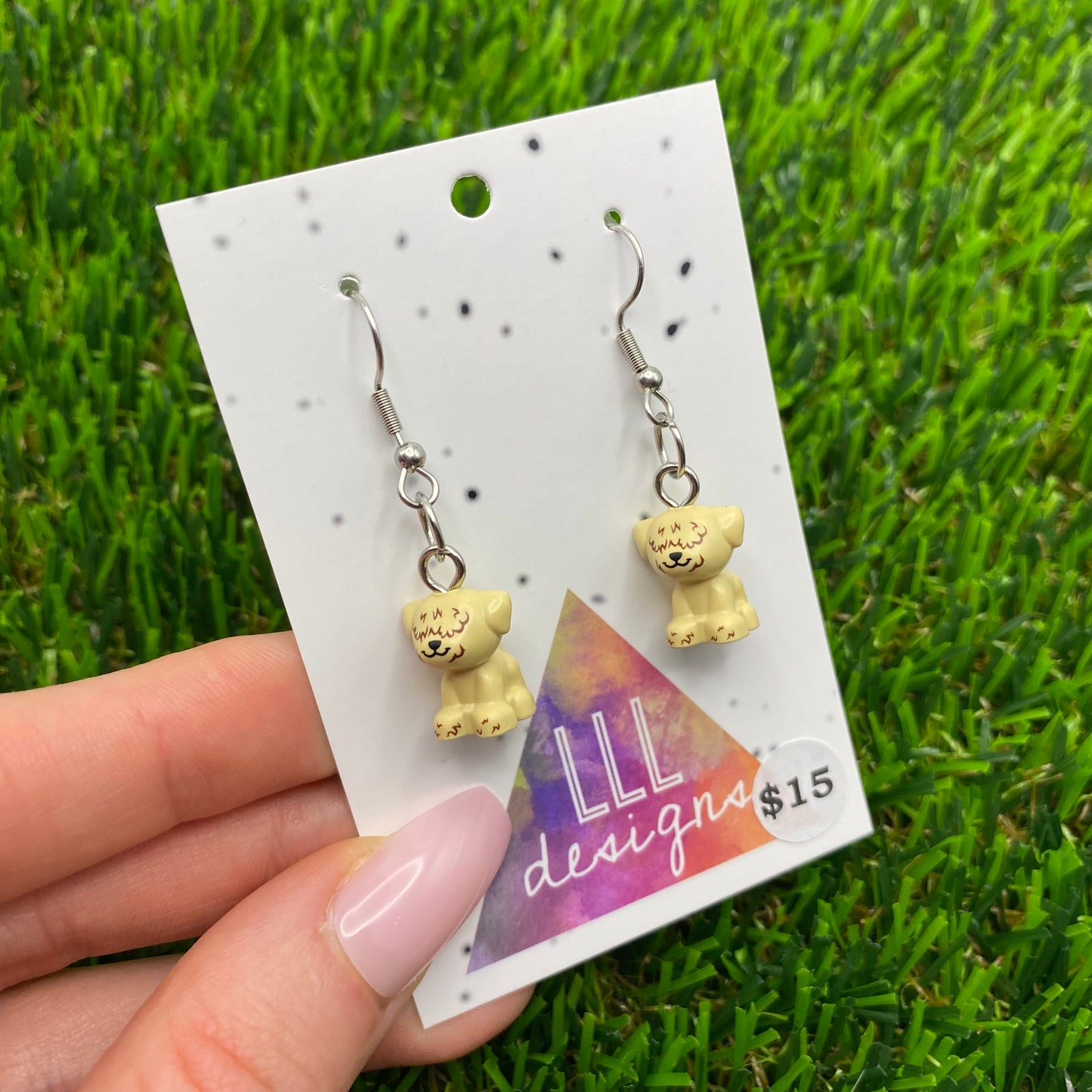 Small Tan Shaggy Haired Dog Brick Animal Hook Earrings - Super Lightweight!