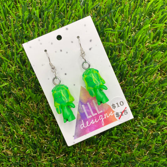 Neon Green Blob Character Brick Style Hook Earrings!