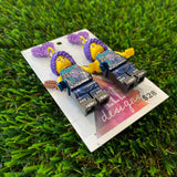 Purple Warrior Girl with Quiver Brick Character Dangle Earrings - Featuring Purple Glitter Heart Shaped Tops!