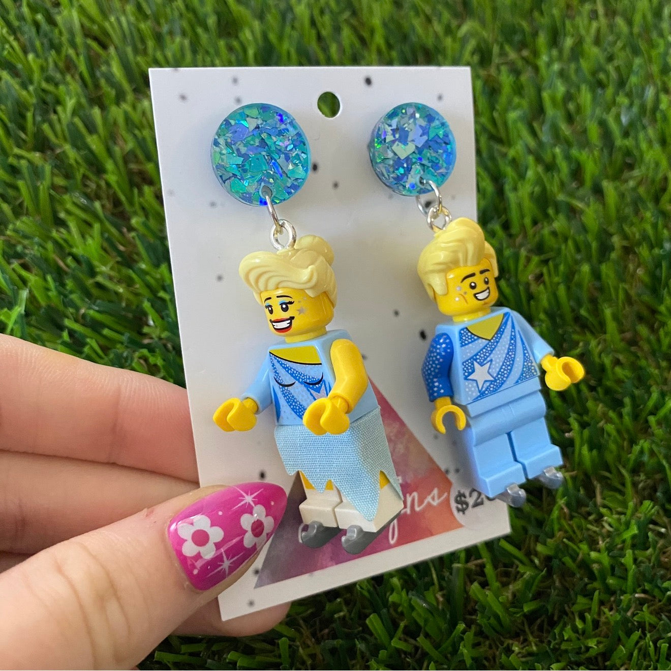 Ice Skating Duo Brick Characters - Featuring Blue Shatter Glitter Acrylic Tops!