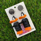 Brick Character Orange Billed Duck Dangle Earrings - Featuring Black Glitter Tops!