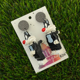 Brick Character Red Nosed Cat Dangle Earrings - Featuring Black Glitter Tops!