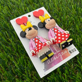 Brick Character Polka Dot Mouse Dangle Earrings - Featuring Red Glitter Heart Tops!