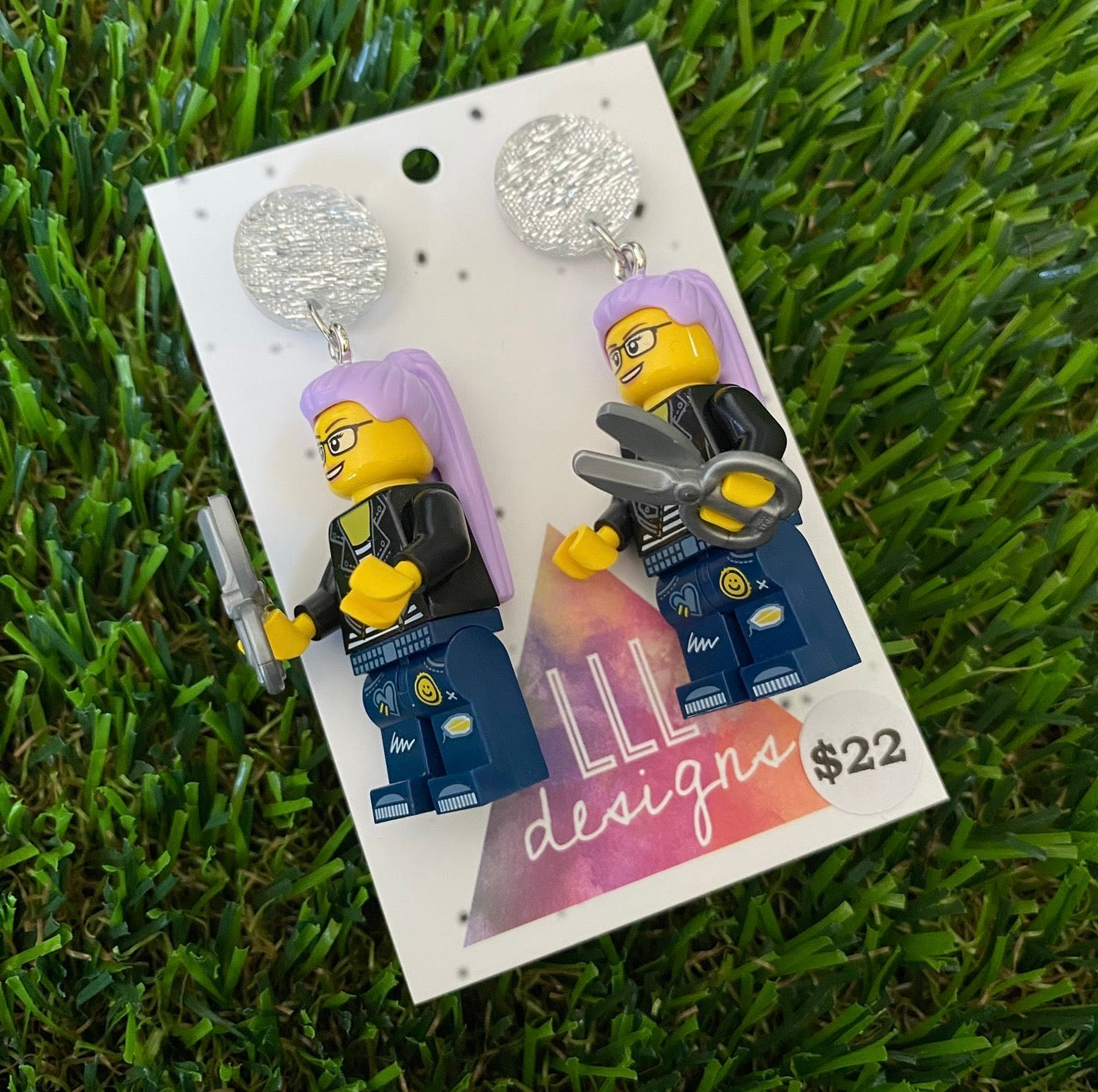 Hairdresser Lady Brick Character With Scissors - Featuring Silver Glitter Acrylic Tops!