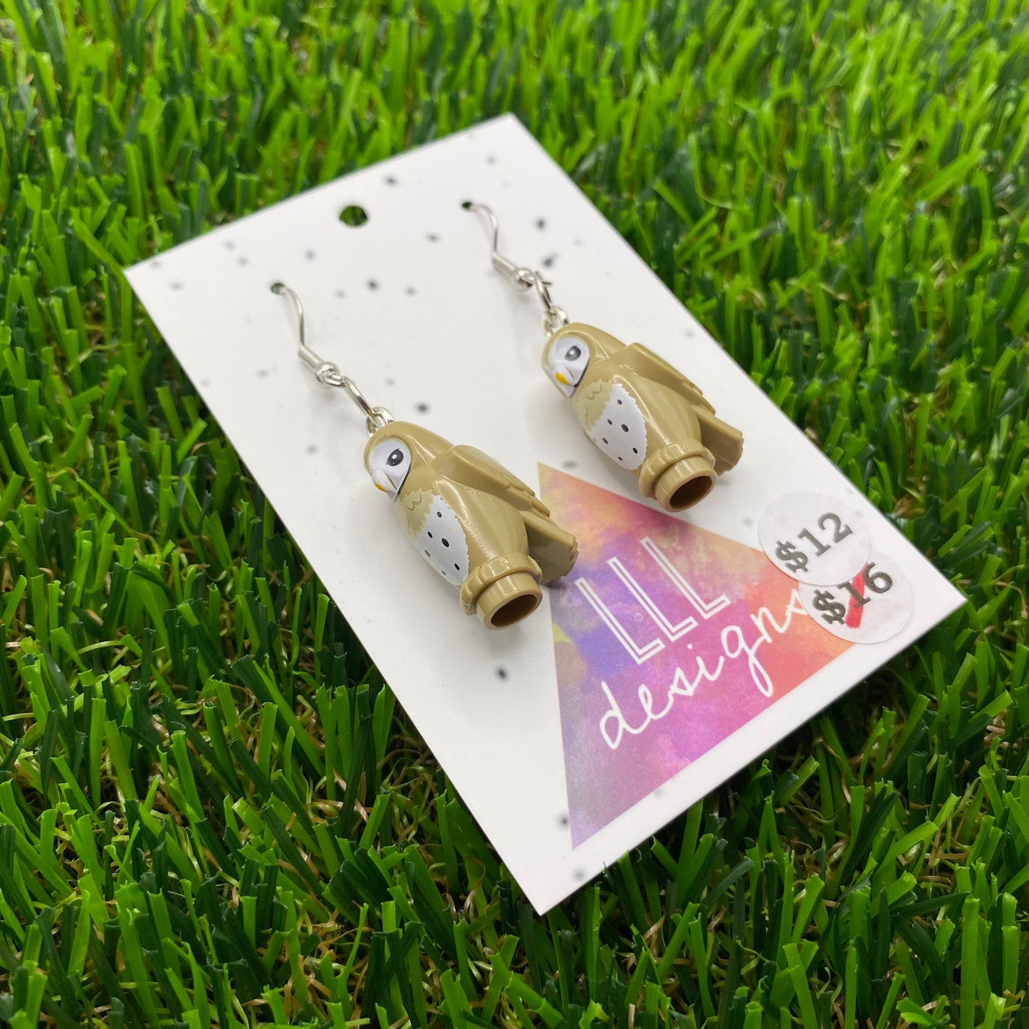 Tan Owl Brick Animal Hook Earrings - Lightweight!