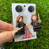 Uniformed Wizard Witch Girl Brick Character with Wand Accessories and Pet Cats Dangle Earrings - Featuring a Black Glitter Top!