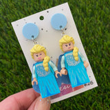 Brick Character Blonde Ice Princess Dangle Earrings - Featuring Blue Tops!