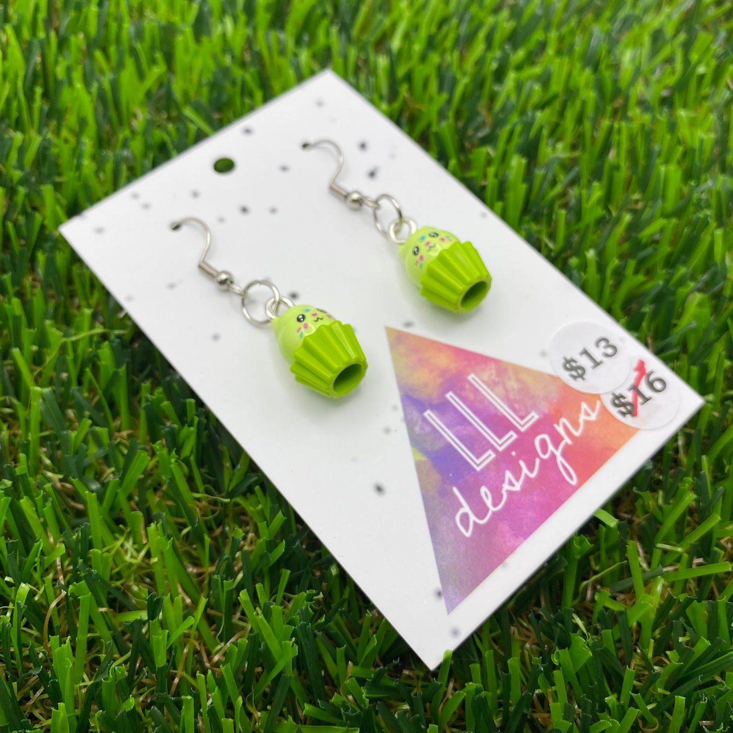 Lime Green Kitty Cupcake Brick Animal Hook Earrings - Super Lightweight!