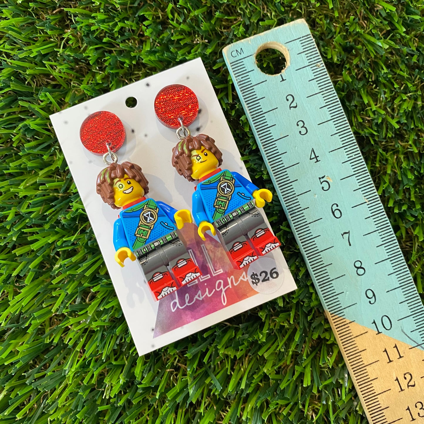 Dreamy Blue and Green Brick Character Dangle Earrings - Featuring Red Glitz Tops!