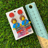 Dreamy Blue and Green Brick Character Dangle Earrings - Featuring Red Glitz Tops!