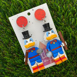 Brick Character Top Hat Duck Dangle Earrings - Featuring Red Fabric Tops!