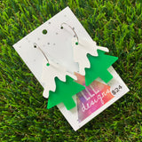 Snow-Capped Green Acrylic Christmas Tree Hoop Earrings.