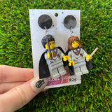 Caped Wizard and Witch Duo Brick Characters with Wands Dangle Earrings - Featuring Black Glitter Tops!