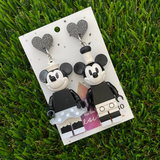 Brick Character Black and White Mouse Couple Dangle Earrings with Accessories - Featuring Black Glitter Heart Shaped Tops!