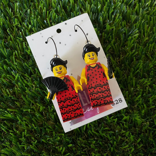 Red Flamenco Dancer Brick Character With Fans - Featuring Surgical Stainless Steel Silver Hoops!