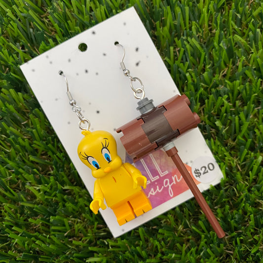 Brick Character Yellow Bird with Hammer Dangle Earrings - Featuring Surgical Stainless Steel Silver Hooks!