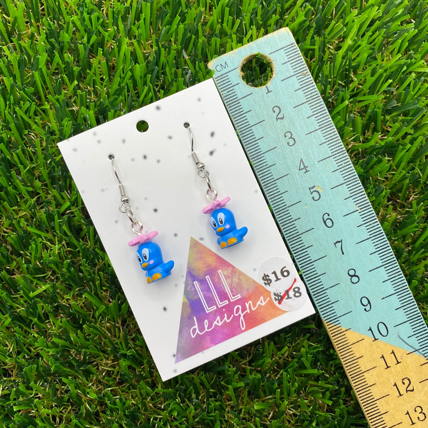 Small Blue Cartoon Bird Brick Animal Hook Earrings - Featuring Pink Flower - Super Lightweight!