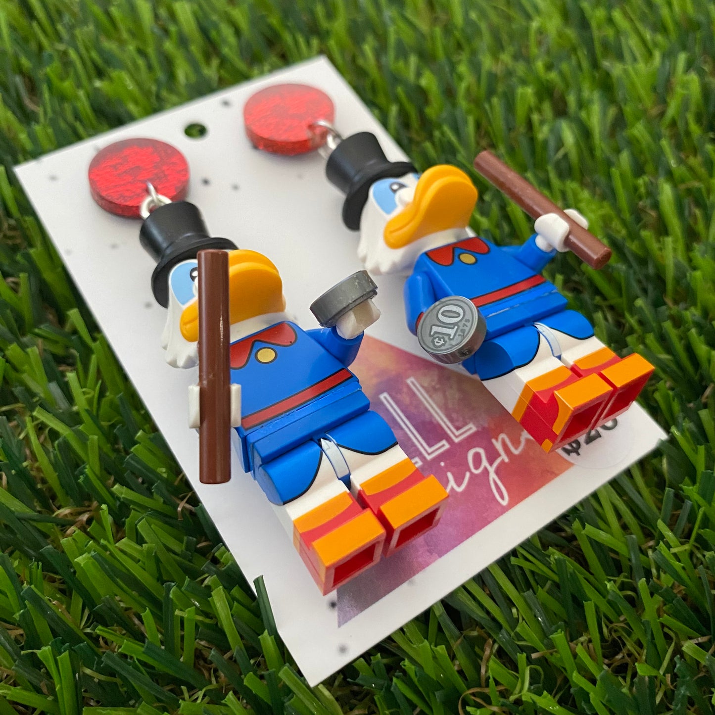 Brick Character Top Hat Duck Dangle Earrings - Featuring Red Fabric Tops!