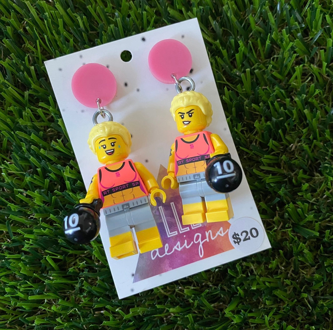 Gym Girl Brick Character With Dumbbells - Featuring Pink Acrylic Tops!