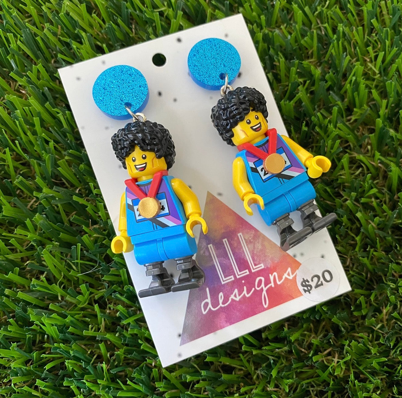 Medal Winner Brick Character With Prosthetic Legs - Featuring Blue Glitter Acrylic Tops!