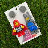 Red Caped Girl and Wolf Brick Characters Dangle Earrings - Featuring Black Glitter Tops!