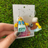 Hippie Backpacking Grandma Brick Character Dangle Earrings - Featuring Surgical Stainless Steel Silver Hoops!
