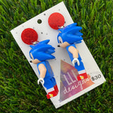 Brick Character Blue Hedgehog Dangle Earrings - Featuring Red Glitter Tops!