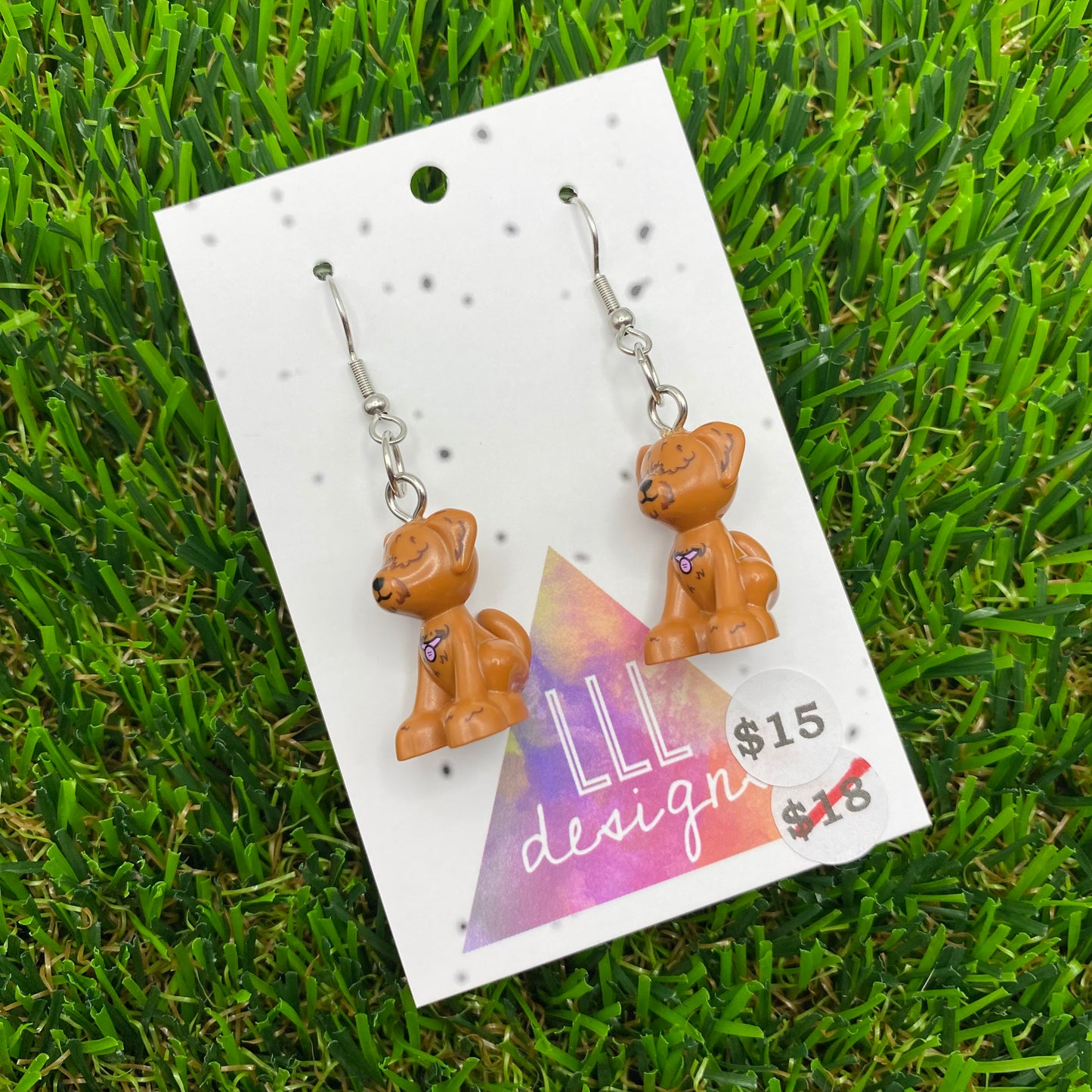 Brown Shaggy Haired Dog Brick Animal Hook Earrings - Lightweight!