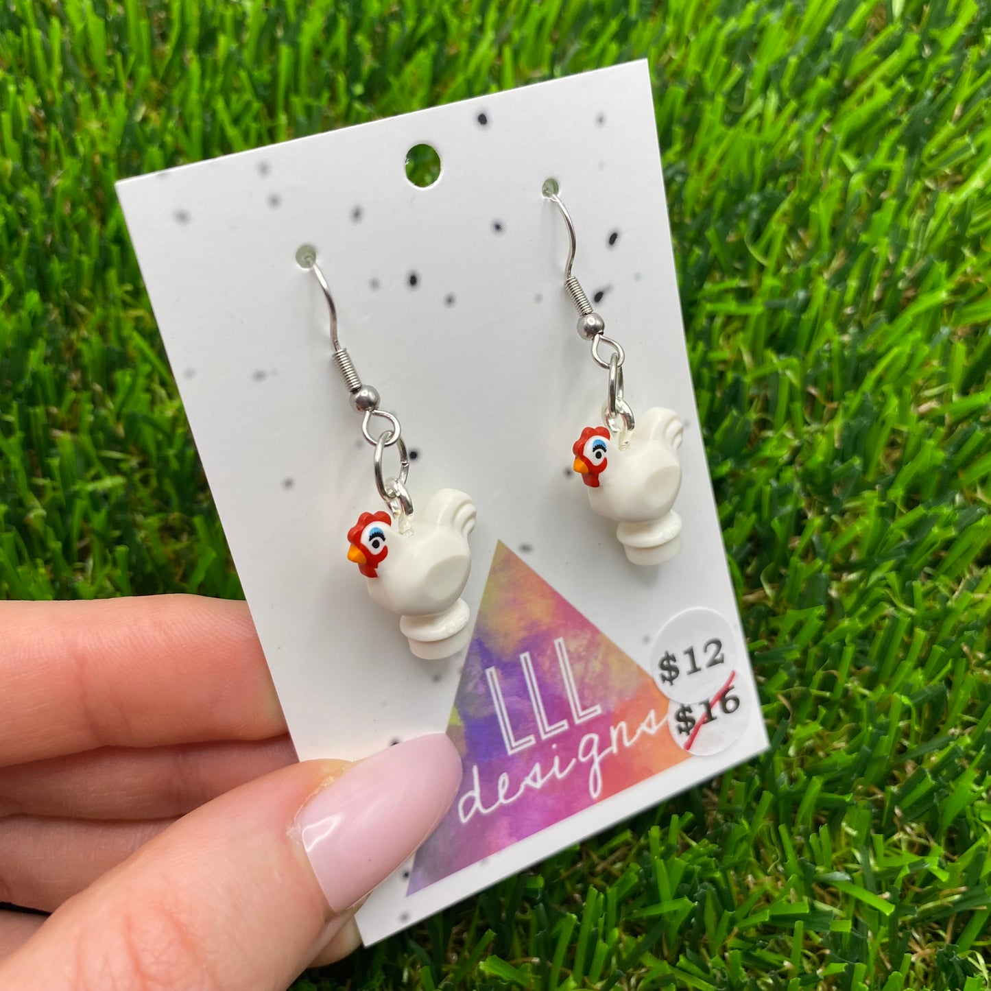 White Chicken/Hen Brick Animal Hook Earrings - Super Lightweight!