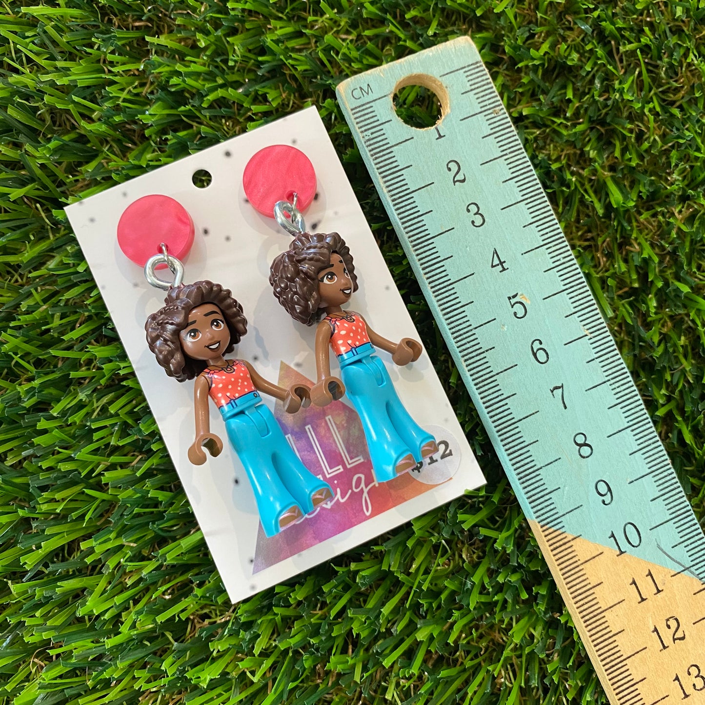 Groovy Blue Jeans Girl Brick Character Dangle Earrings - Featuring Marbled Pink Tops!