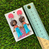 Groovy Blue Jeans Girl Brick Character Dangle Earrings - Featuring Marbled Pink Tops!