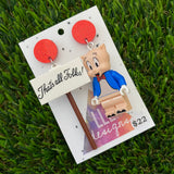 Brick Character Pig in Suit with Sign Dangle Earrings - Featuring Red Glitter Tops!