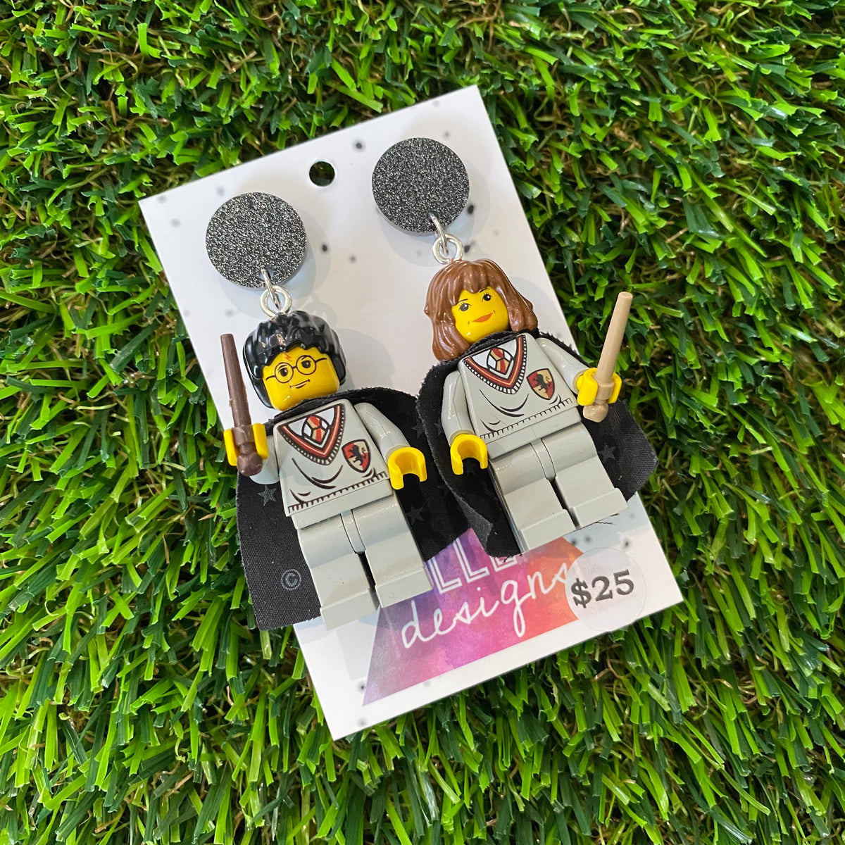 Caped Wizard and Witch Duo Brick Characters with Wands Dangle Earrings - Featuring Black Glitter Tops!