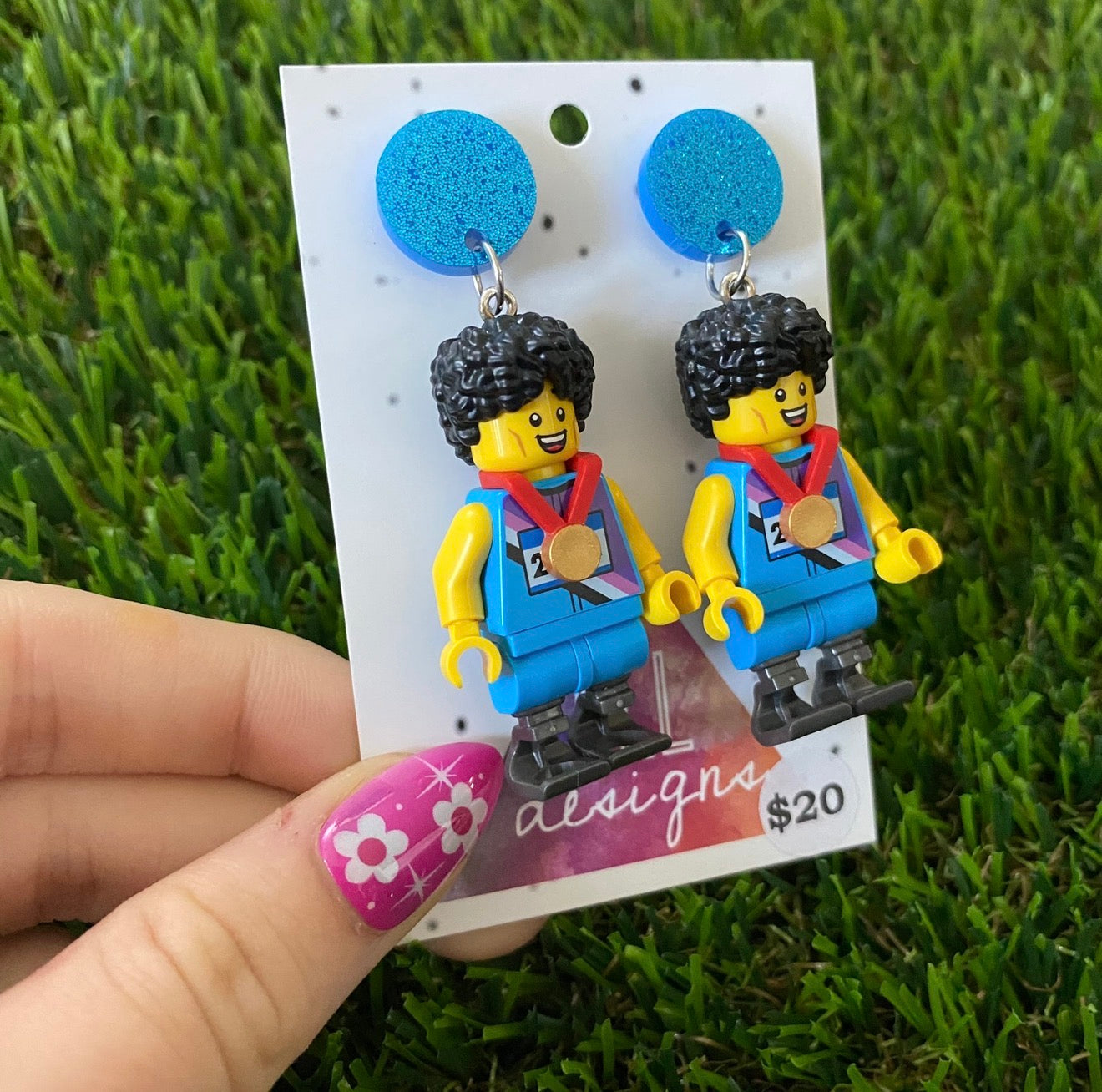 Medal Winner Brick Character With Prosthetic Legs - Featuring Blue Glitter Acrylic Tops!