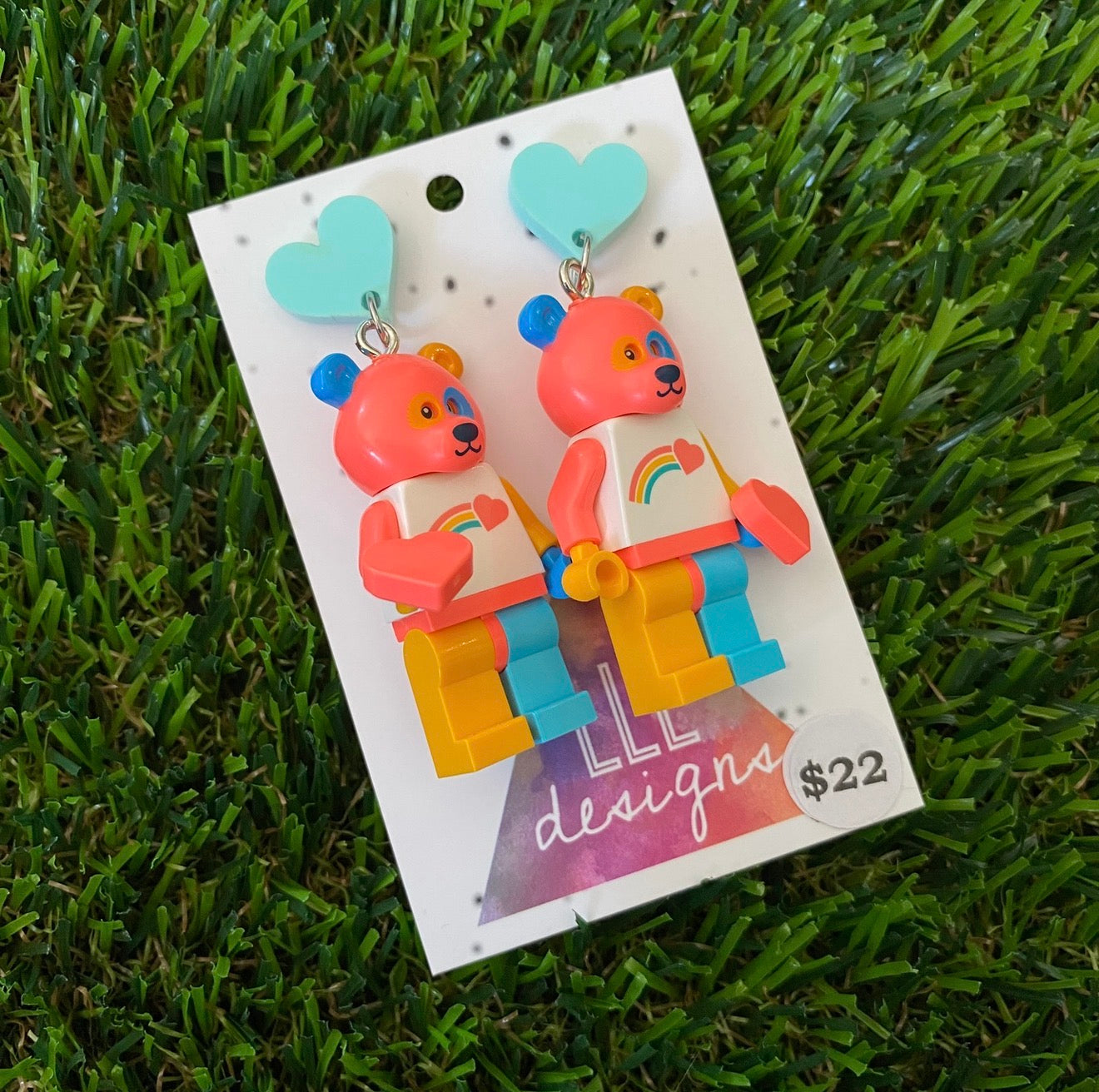 Rainbow Heart Bear Brick Character - Featuring Mint Heart Acrylic Tops!
