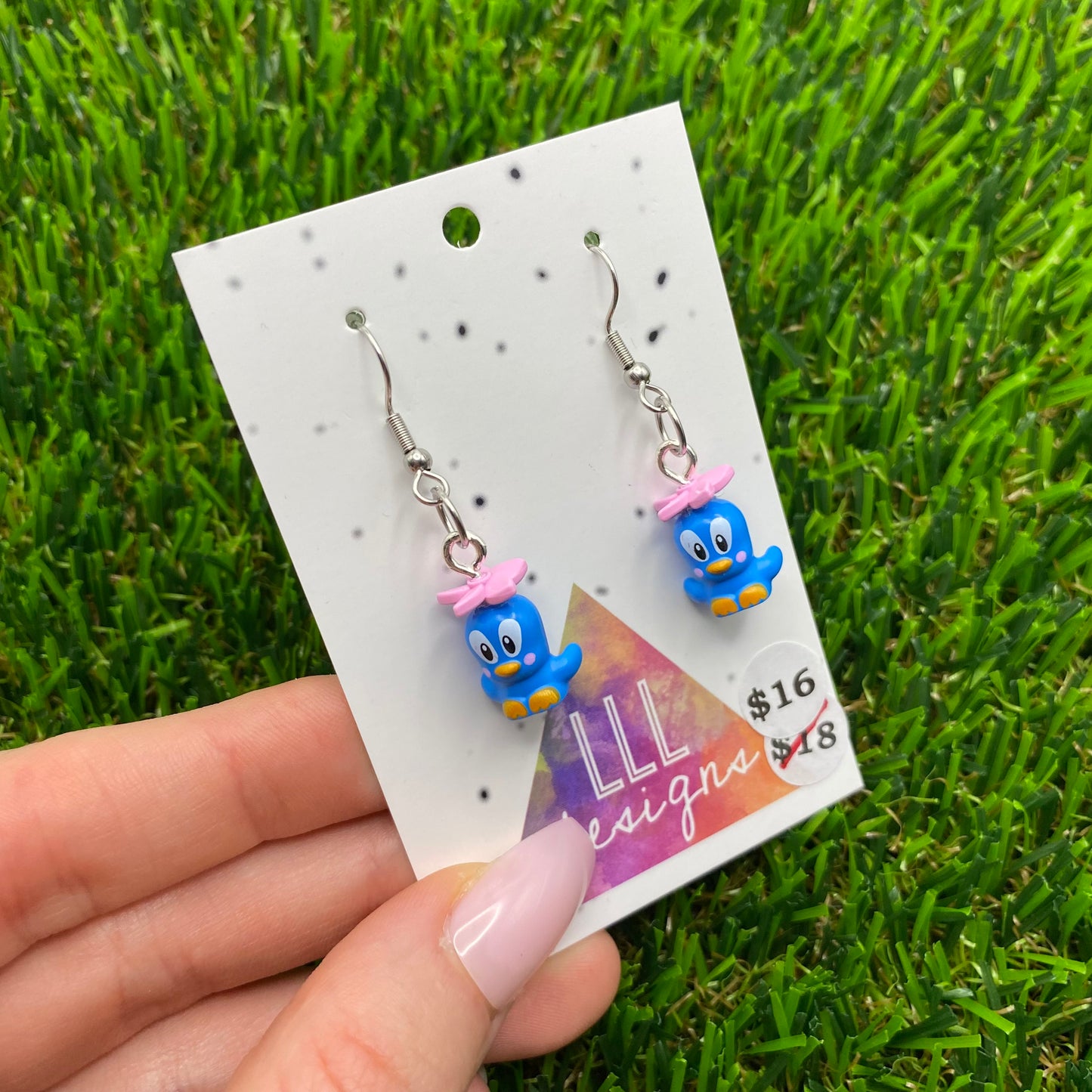 Small Blue Cartoon Bird Brick Animal Hook Earrings - Featuring Pink Flower - Super Lightweight!