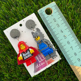 Red Caped Girl and Wolf Brick Characters Dangle Earrings - Featuring Black Glitter Tops!