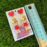 Blonde Cherry Picnic Girl Brick Character Dangle Earrings - Featuring Red Glitter Heart Tops!