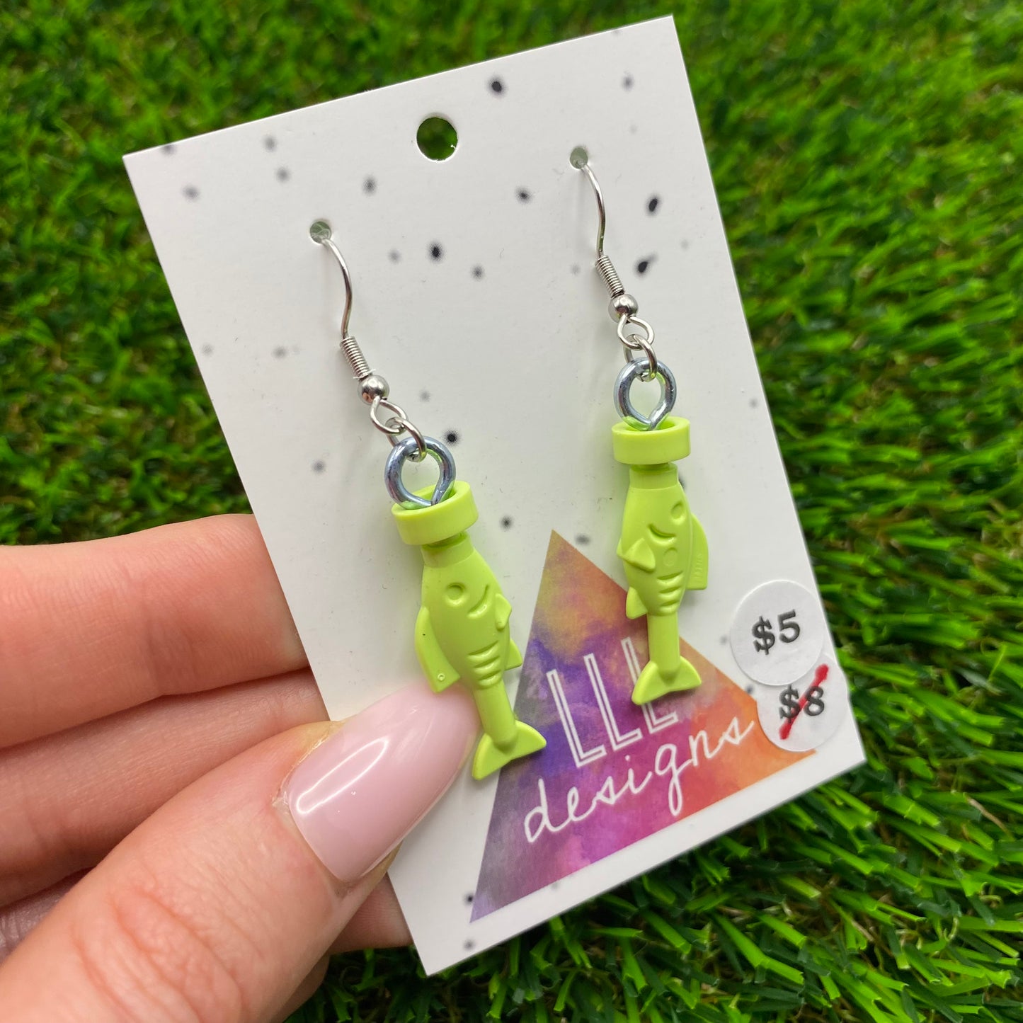 Fish Brick Hook Earrings - Lime Green - Super Lightweight!