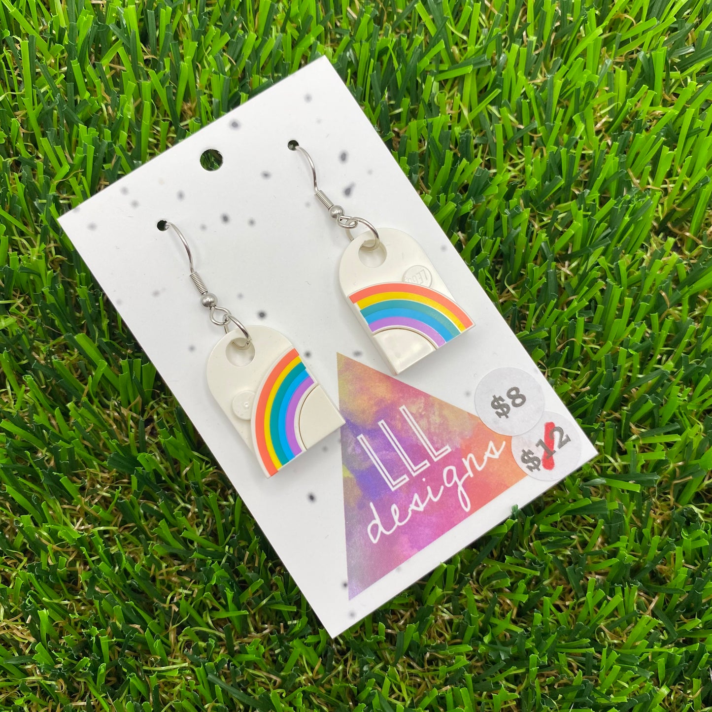 Rainbow Brick Hook Earrings - Printed Tile - Lightweight!