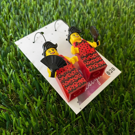 Red Flamenco Dancer Brick Character With Fans - Featuring Surgical Stainless Steel Silver Hoops!