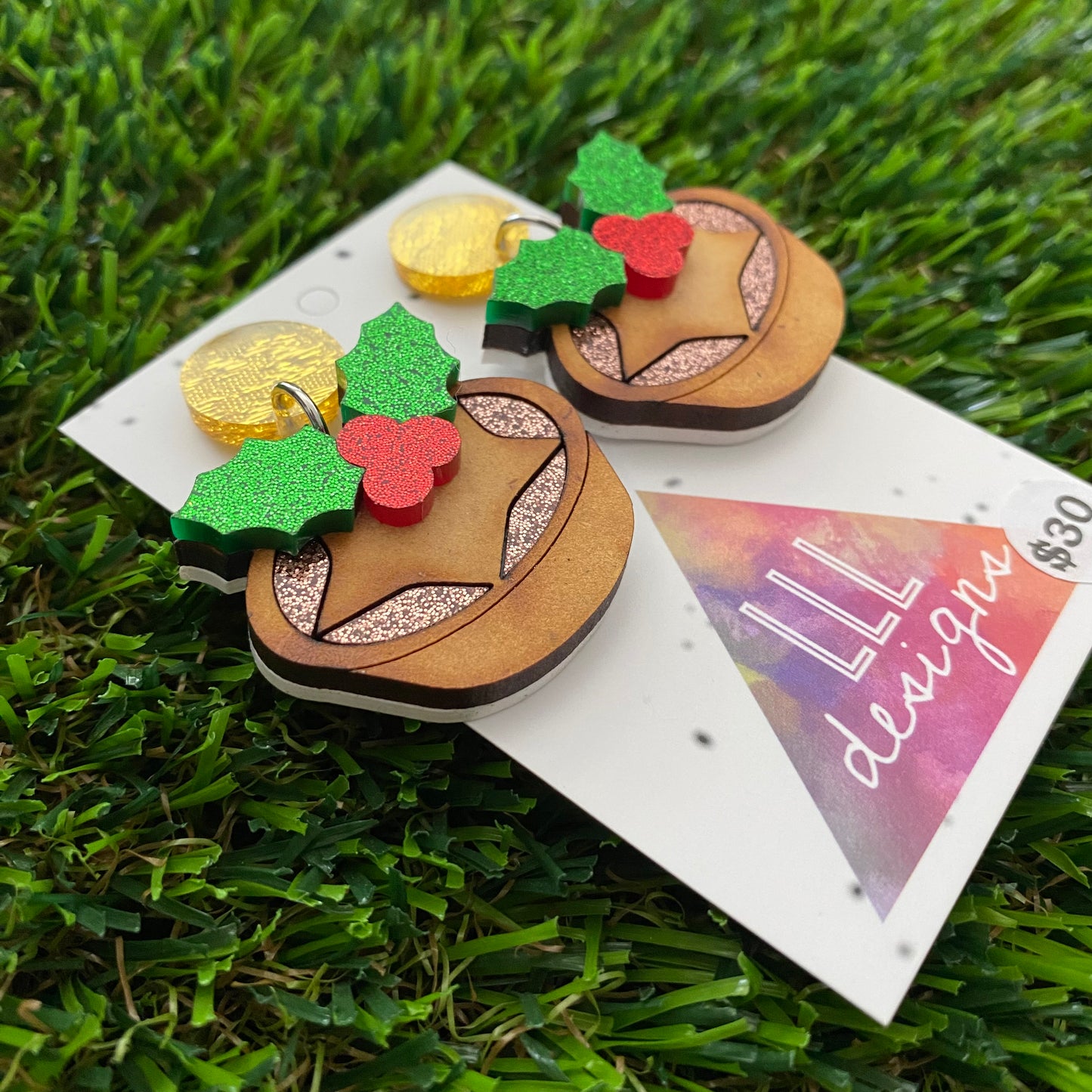 Christmas Mince Pies Dangle Earrings - Featuring Dazzling Gold Tops.