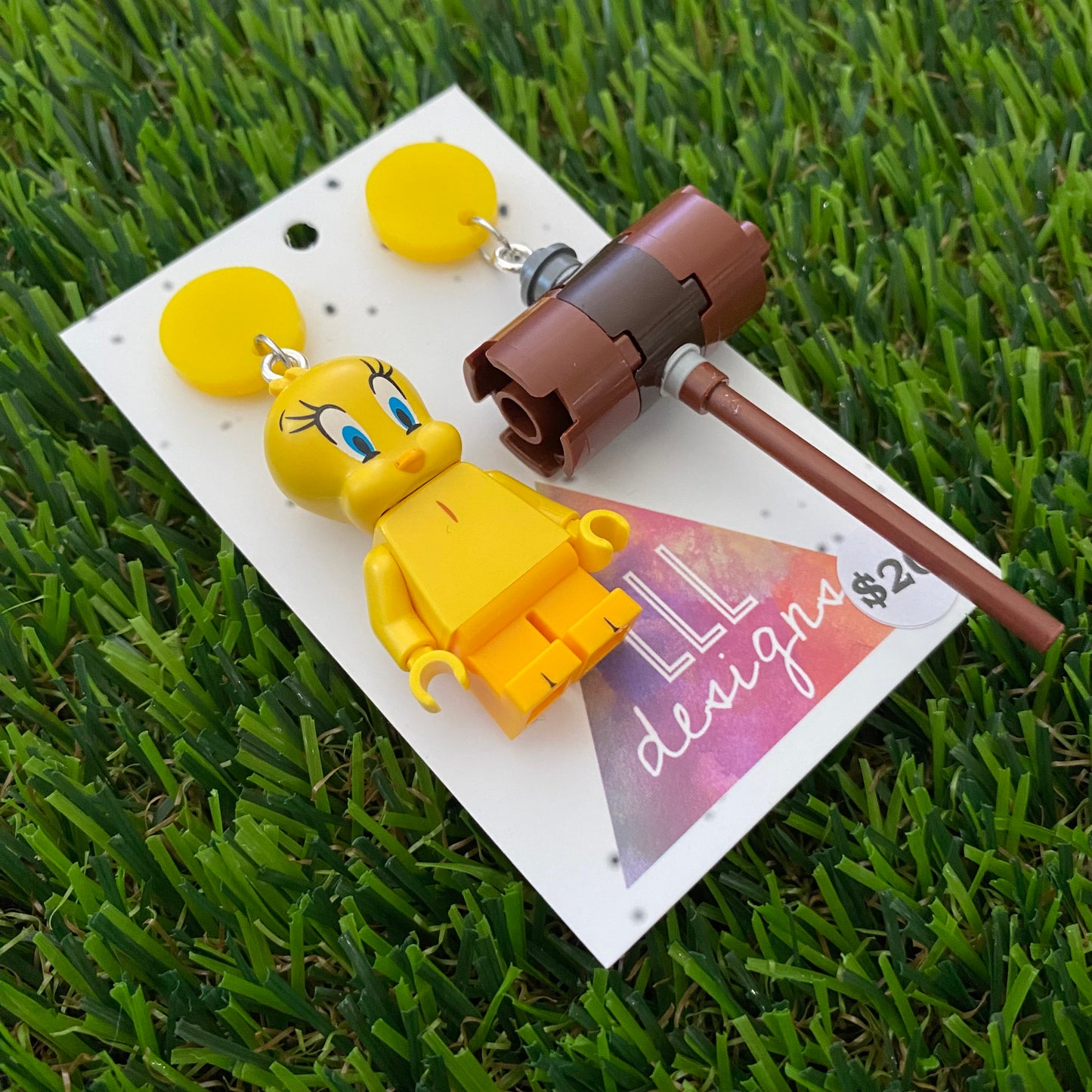 Brick Character Yellow Bird with Hammer Dangle Earrings - Featuring Yellow Tops!