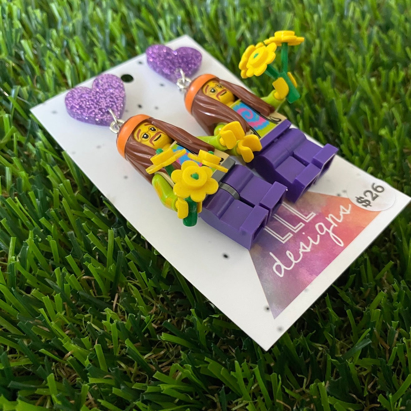 Hippie Guy Brick Character With Bouquet - Featuring Purple Glitter Acrylic Heart Tops!