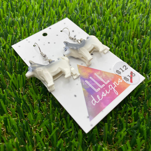 Gray And White Husky Brick Animal Hook Earrings!