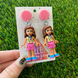 Studious Stacey Brick Character Dangle Earrings - Featuring Pink Tops!