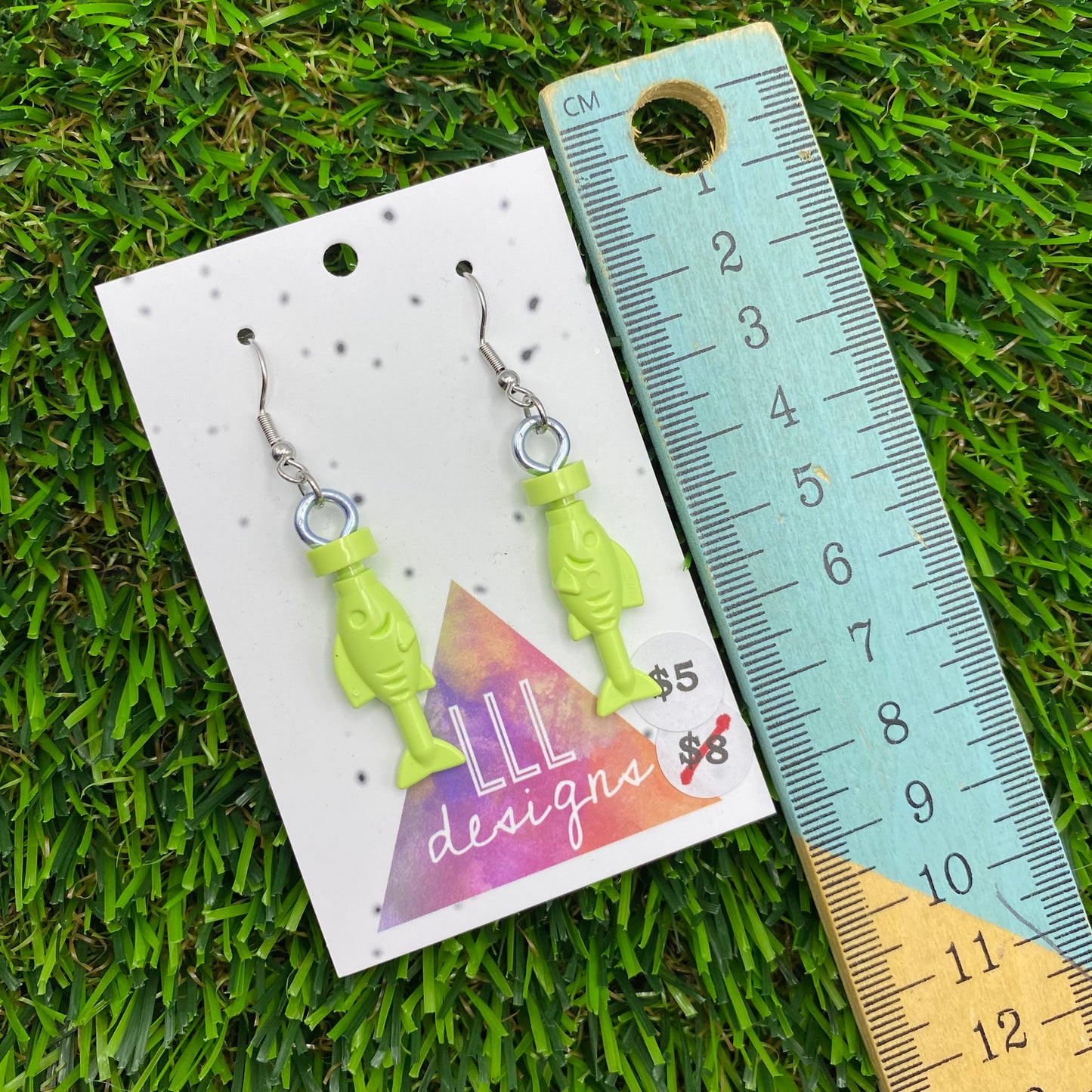 Fish Brick Hook Earrings - Lime Green - Super Lightweight!