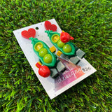 Pea Pod Costumed Brick Character With Apples - Featuring Red Heart Glitter Tops!