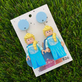 Brick Character Blonde Ice Princess Dangle Earrings - Featuring Blue Tops!